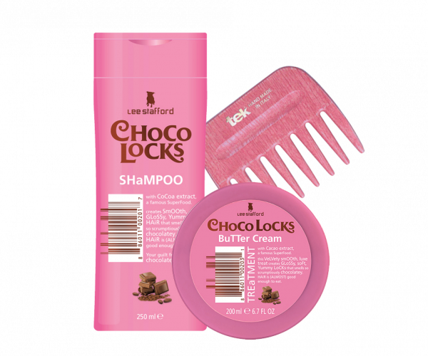 Lee Stafford Choco Locks dárková sada - maska na vlasy 200 ml, šampon 250 ml a hřeben Tek AFRO COMB